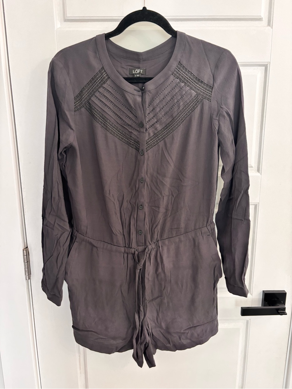 LOFT Slate Grey Button-Front Tie-Waist Romper